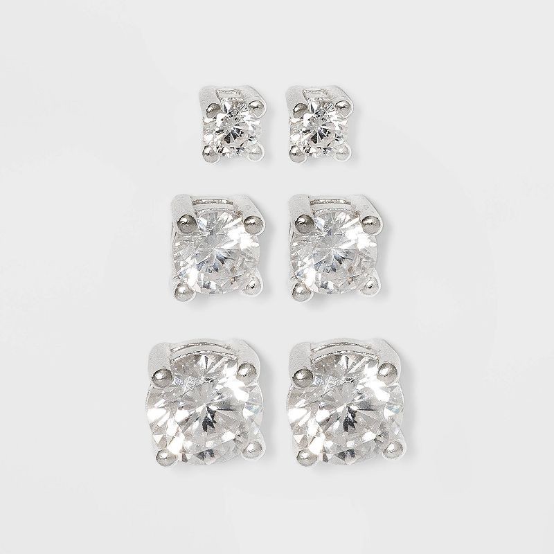 slide 1 of 2, Women's Sterling Silver Stud Earrings Set with Round Cubic Zirconia 3pc - A New Day™ Silver: Polished Nickel-Free, 3 ct