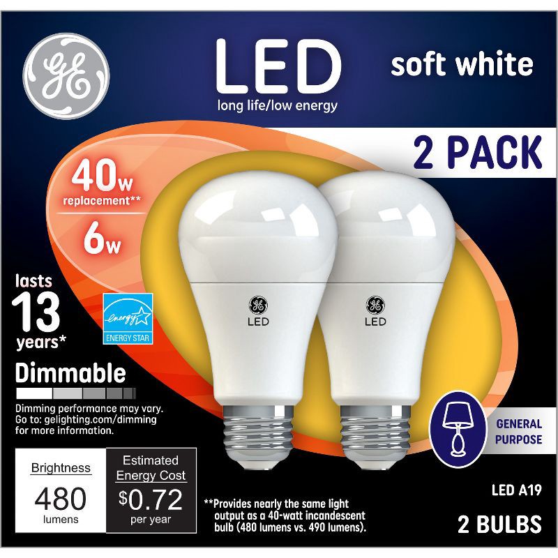 slide 1 of 3, GE Household Lighting GE 2pk 40W A19 LED Light Bulb Soft White: Dimmable, Energy Star Certified, 480 Lumens, 13.7-Year Life, E26 Base, 2 ct