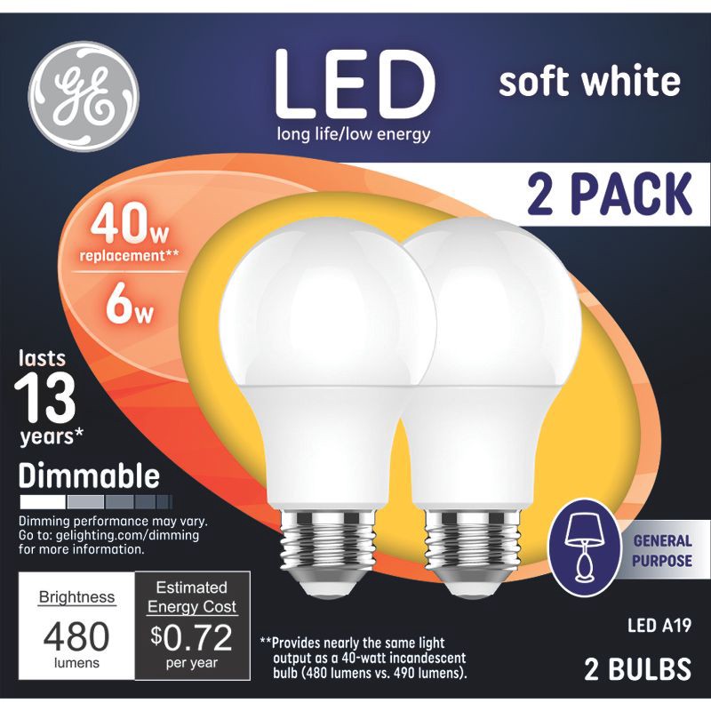 slide 1 of 3, GE Household Lighting GE 2pk 40W A19 LED Light Bulb Soft White: Dimmable, Energy Star Certified, 480 Lumens, 13.7-Year Life, E26 Base, 2 ct