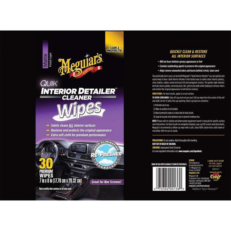 slide 8 of 8, Meguiars 30ct Interior Detailer Wipes, 30 ct