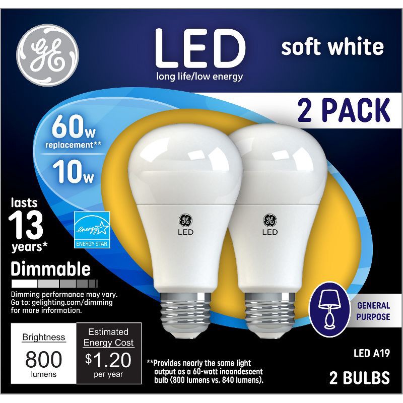 slide 1 of 6, GE Household Lighting GE 2pk 60W A19 Light Bulb Soft White, 2 ct