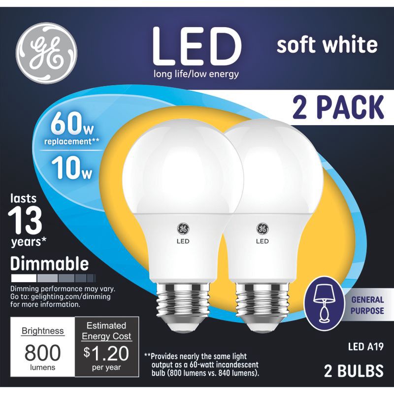 slide 1 of 6, GE Household Lighting GE 2pk 60W A19 Light Bulb Soft White: LED, E26 Base, Dimmable, 800 Lumens, Energy Star Certified, 2700K, 13.7-Year Life, 2 ct