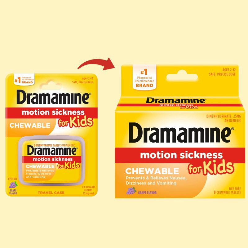 slide 2 of 7, Dramamine Kids Chewable Motion Sickness Relief Tablets for Nausea, Dizziness & Vomiting - Grape - 8ct, 8 ct