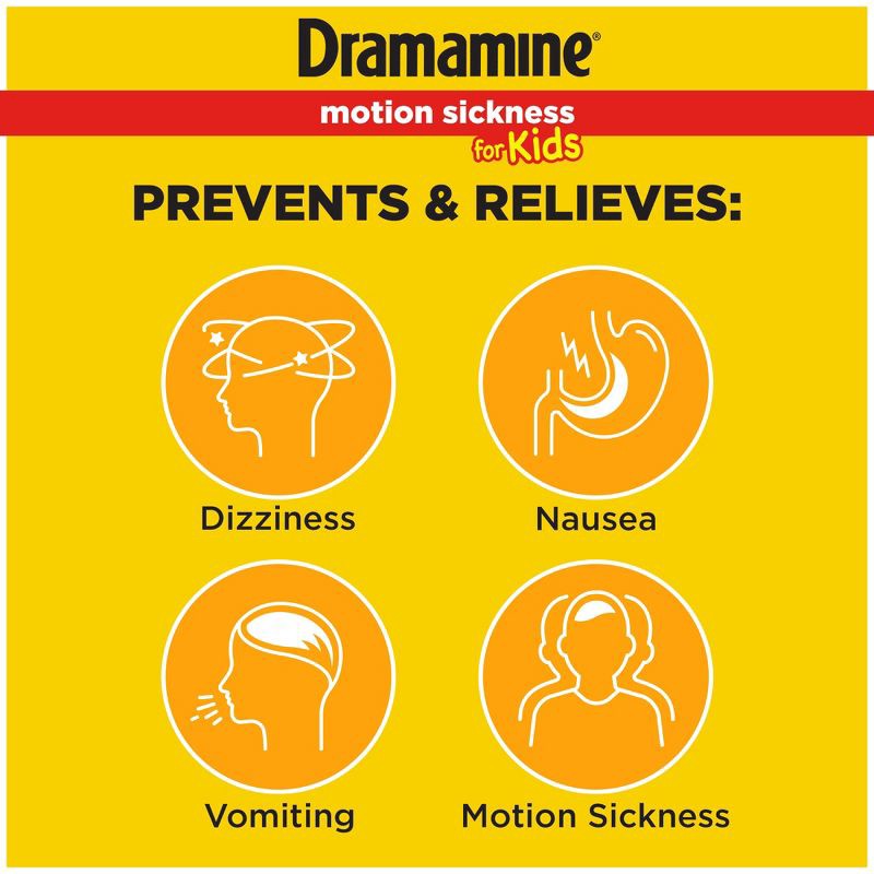 slide 3 of 8, Dramamine Kids Chewable Motion Sickness Relief Tablets for Nausea, Dizziness & Vomiting - Grape - 8ct, 8 ct