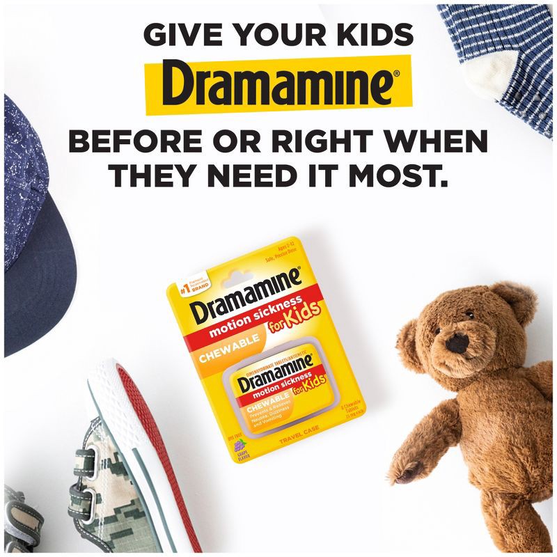 slide 4 of 8, Dramamine Kids Chewable Motion Sickness Relief Tablets for Nausea, Dizziness & Vomiting - Grape - 8ct, 8 ct