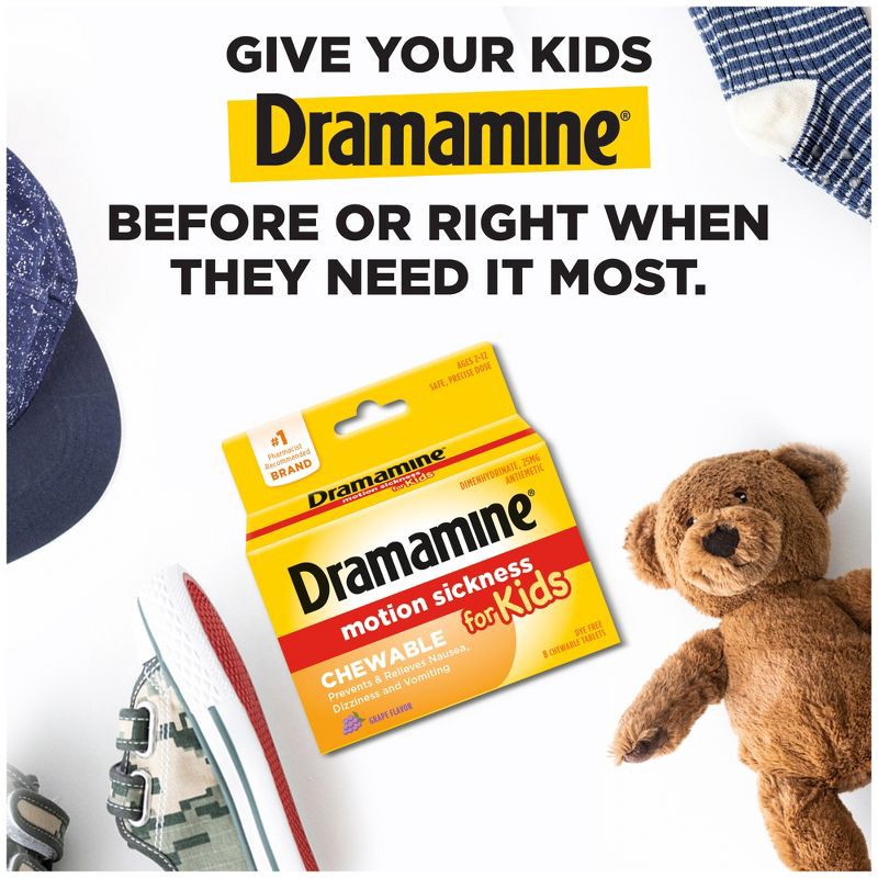 slide 4 of 7, Dramamine Kids Chewable Motion Sickness Relief Tablets for Nausea, Dizziness & Vomiting - Grape - 8ct, 8 ct