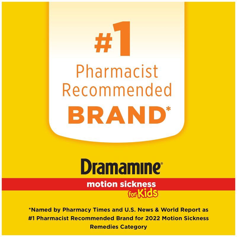 slide 5 of 8, Dramamine Kids Chewable Motion Sickness Relief Tablets for Nausea, Dizziness & Vomiting - Grape - 8ct, 8 ct