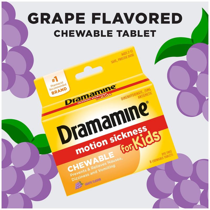 slide 6 of 7, Dramamine Kids Chewable Motion Sickness Relief Tablets for Nausea, Dizziness & Vomiting - Grape - 8ct, 8 ct