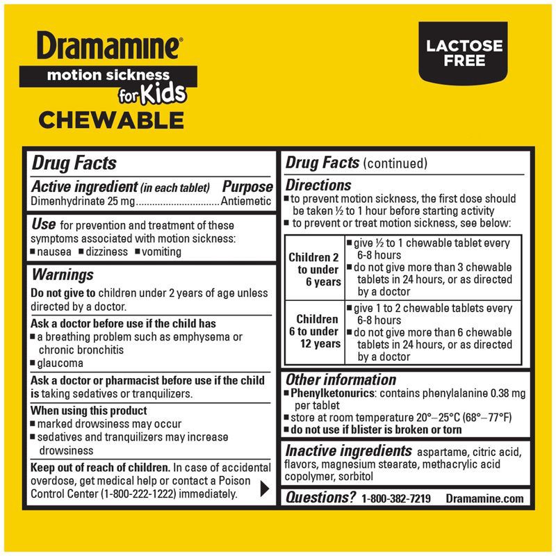 slide 7 of 7, Dramamine Kids Chewable Motion Sickness Relief Tablets for Nausea, Dizziness & Vomiting - Grape - 8ct, 8 ct