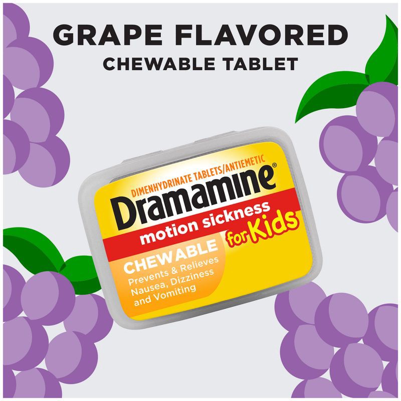 slide 7 of 8, Dramamine Kids Chewable Motion Sickness Relief Tablets for Nausea, Dizziness & Vomiting - Grape - 8ct, 8 ct