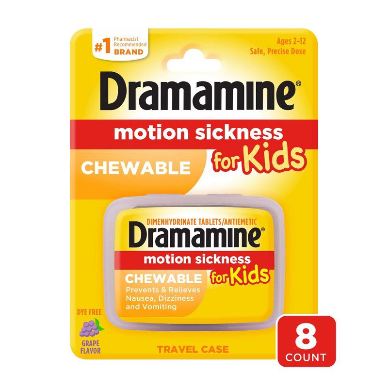 slide 1 of 8, Dramamine Kids Chewable Motion Sickness Relief Tablets for Nausea, Dizziness & Vomiting - Grape - 8ct, 8 ct