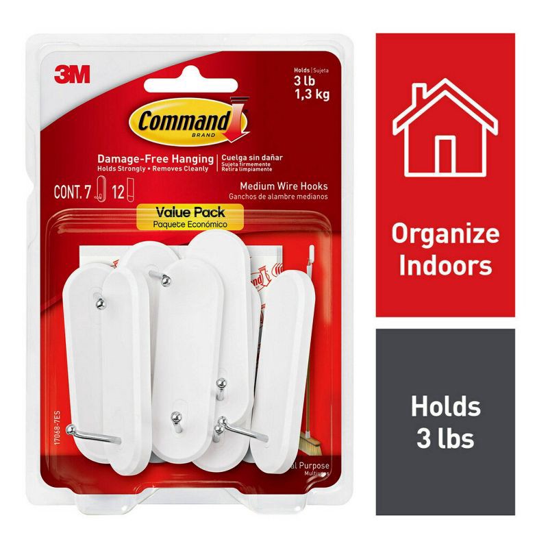 slide 3 of 17, Command Medium Sized Wire Decorative Hooks White: Adhesive Wall Hooks, 3 lb Capacity, 7 Pack, 3 lb, 7 ct