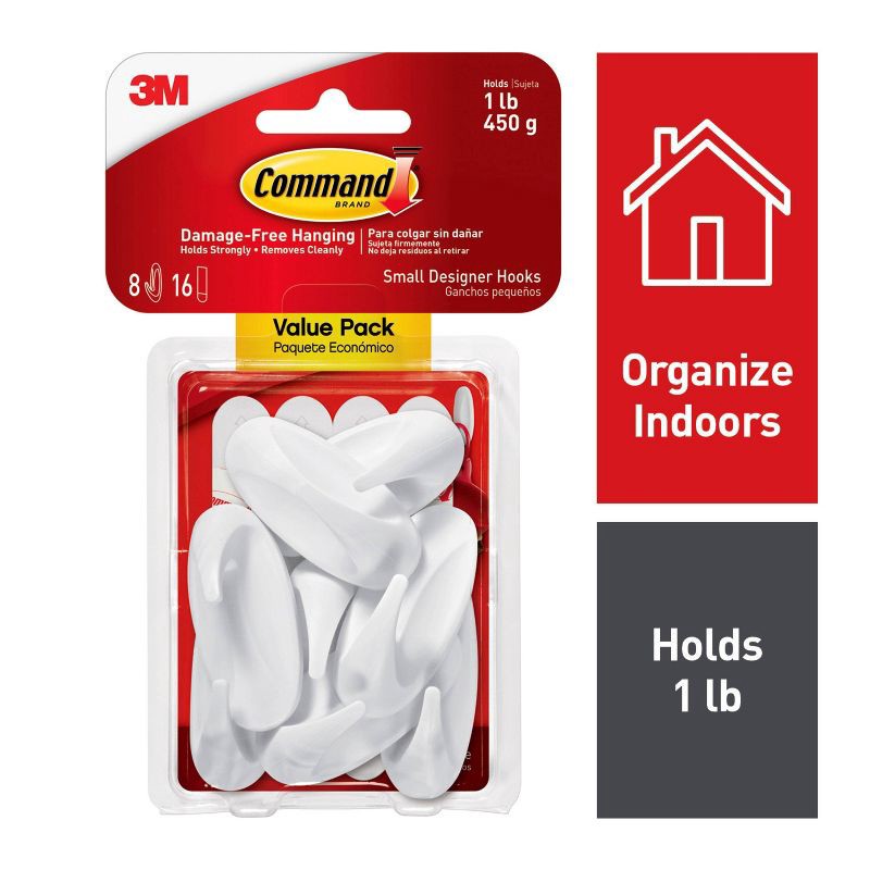 slide 2 of 11, Command Strips Small Sized Designer Hooks White: Adhesive Wall Hooks, Plastic, 1 lb Capacity, 8 Pack, 1 lb, 8 ct