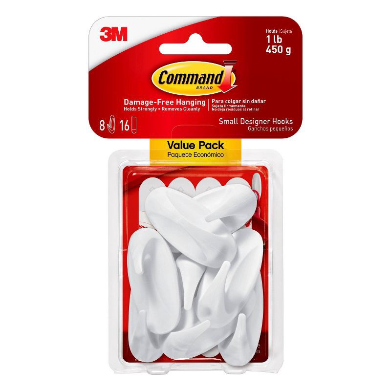 slide 1 of 11, Command Strips Small Sized Designer Hooks White: Adhesive Wall Hooks, Plastic, 1 lb Capacity, 8 Pack, 1 lb, 8 ct