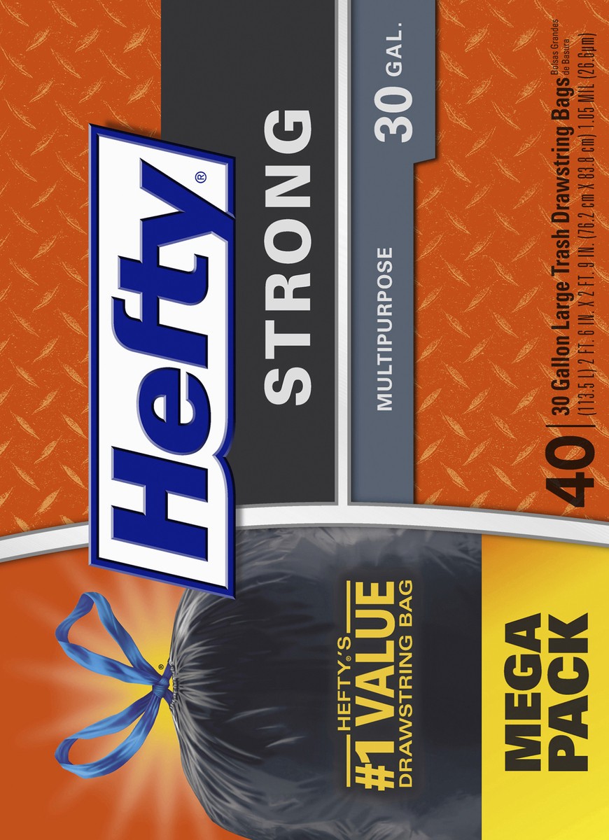 slide 9 of 9, Hefty Strong 30 Gallon Multipurpose Drawstring Trash Bags, Large, 40 Count, 40 ct