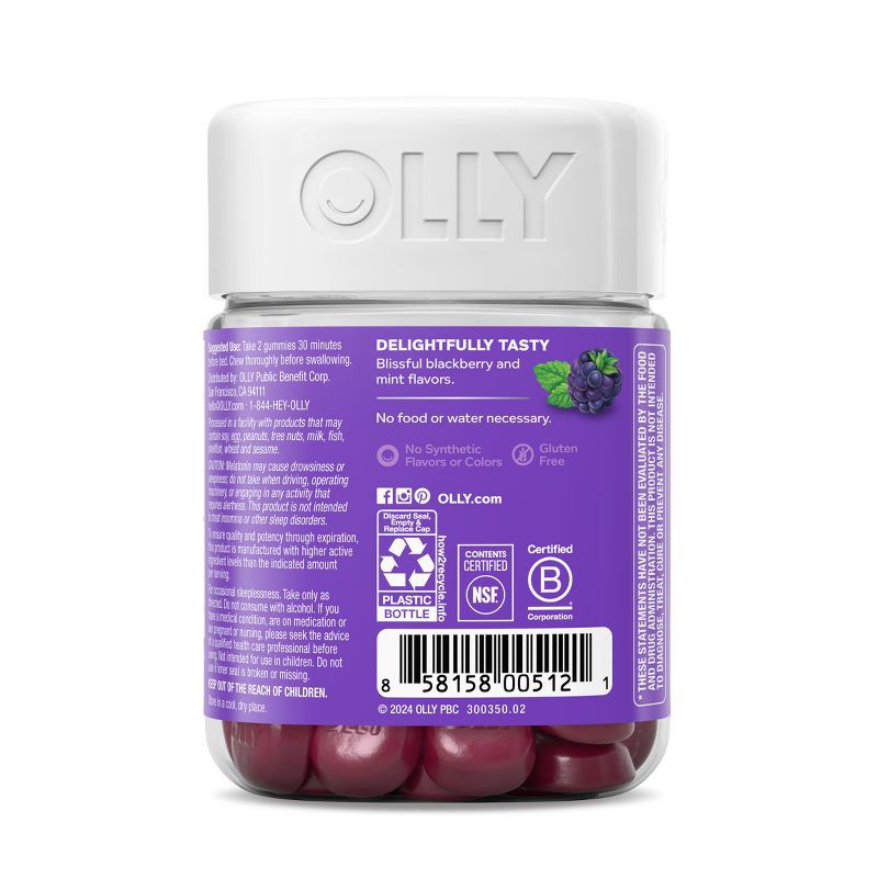 slide 8 of 10, OLLY 3mg Melatonin Sleep Gummies - Blackberry Zen - 50ct, 3mg, 50 ct