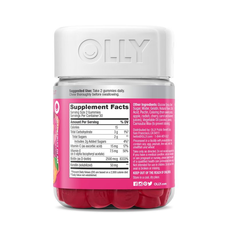 slide 3 of 6, OLLY Undeniable Beauty Multivitamin Gummies for Hair Skin & Nails with Biotin, Keratin, Vitamins C & E - Grapefruit Glam - 60ct, 60 ct