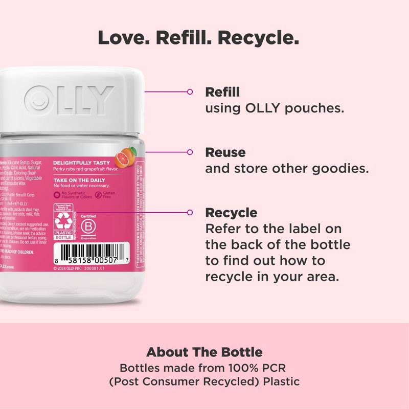 slide 4 of 10, OLLY Undeniable Beauty Multivitamin Gummies for Hair Skin & Nails with Biotin, Keratin, Vitamins C & E - Grapefruit Glam - 60ct, 60 ct