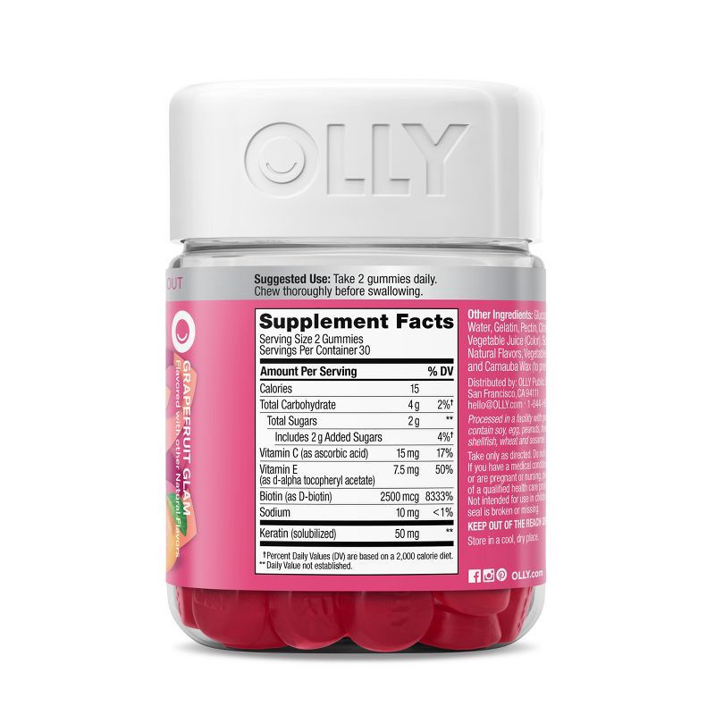 slide 4 of 7, OLLY Undeniable Beauty Multivitamin Gummies for Hair Skin & Nails with Biotin, Keratin, Vitamins C & E - Grapefruit Glam - 60ct, 60 ct