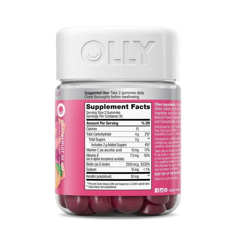 slide 5 of 10, OLLY Undeniable Beauty Multivitamin Gummies for Hair Skin & Nails with Biotin, Keratin, Vitamins C & E - Grapefruit Glam - 60ct, 60 ct