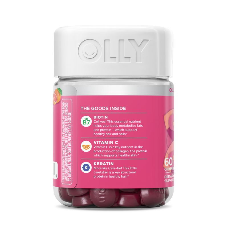 slide 8 of 10, OLLY Undeniable Beauty Multivitamin Gummies for Hair Skin & Nails with Biotin, Keratin, Vitamins C & E - Grapefruit Glam - 60ct, 60 ct