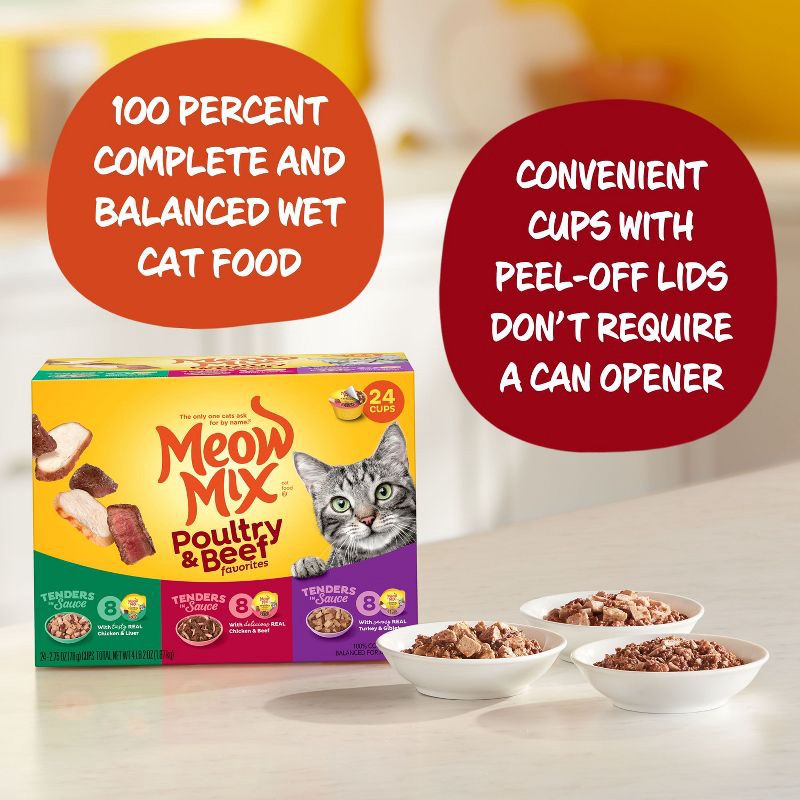 slide 3 of 6, Meow Mix Tender Favorites with Liver, Turkey, Chicken & Beef Flavors Wet Cat Food - 2.75oz/24ct Variety Pack, 2.75 oz, 24 ct