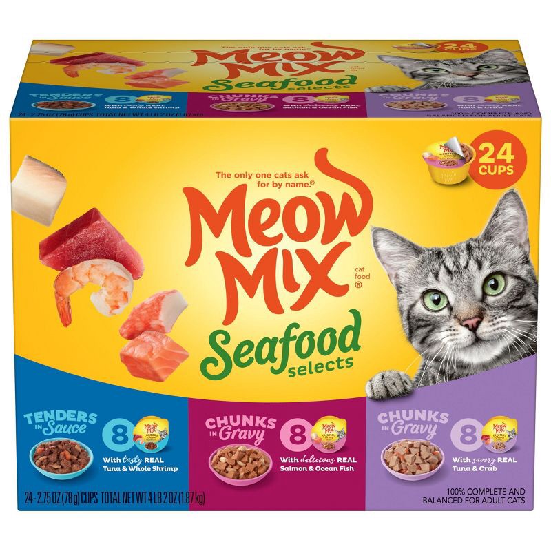 slide 1 of 8, Meow Mix Seafood Selections Wet Cat Food with Shrimp, Salmon, Crab & Tuna Flavor - 2.75oz/24ct Variety Pack, 2.75 oz, 24 ct