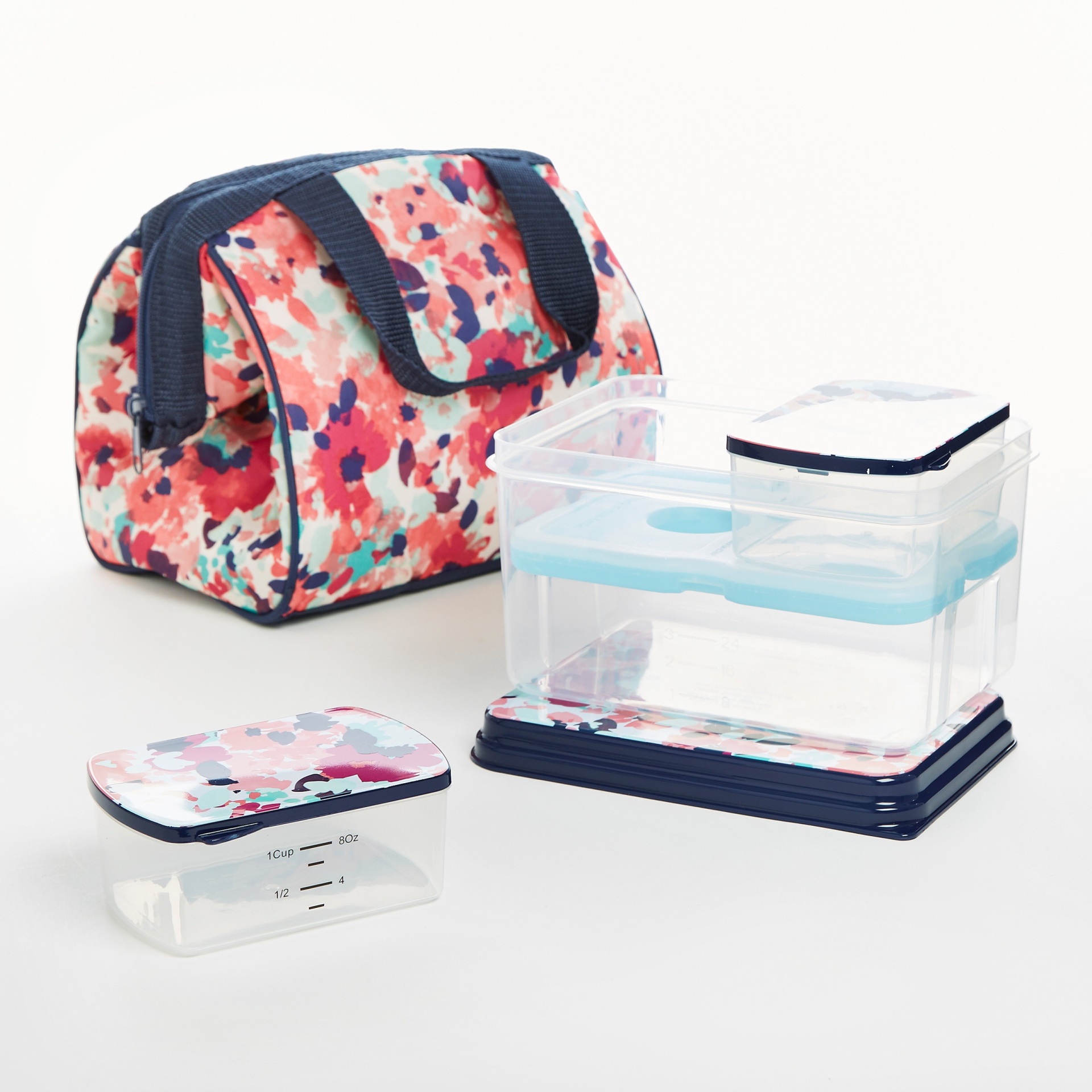 slide 1 of 3, Fit & Fresh Charlotte Lunch Kit - Navy & Pink Tropical Blooms, 1 ct