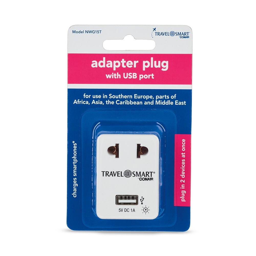 slide 2 of 4, Travel Smart European Adapter with Outlet and USB port, 1 ct