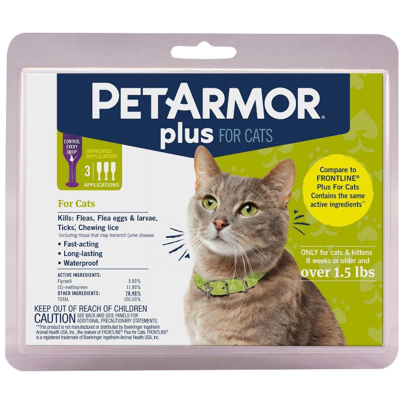 slide 2 of 4, PetArmor Plus Flea and Tick Topical Treatment for Cats - Over 1.5lbs - 3 Month Supply - 0.051 fl oz, 1.5 lb, 0.051 fl oz