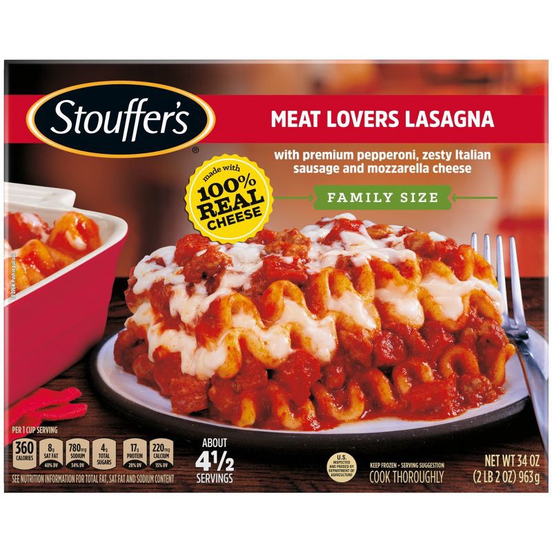 slide 2 of 9, Stouffer's Meat Lover's Frozen Lasagna Family Size Frozen Dinner - 34oz, 34 oz