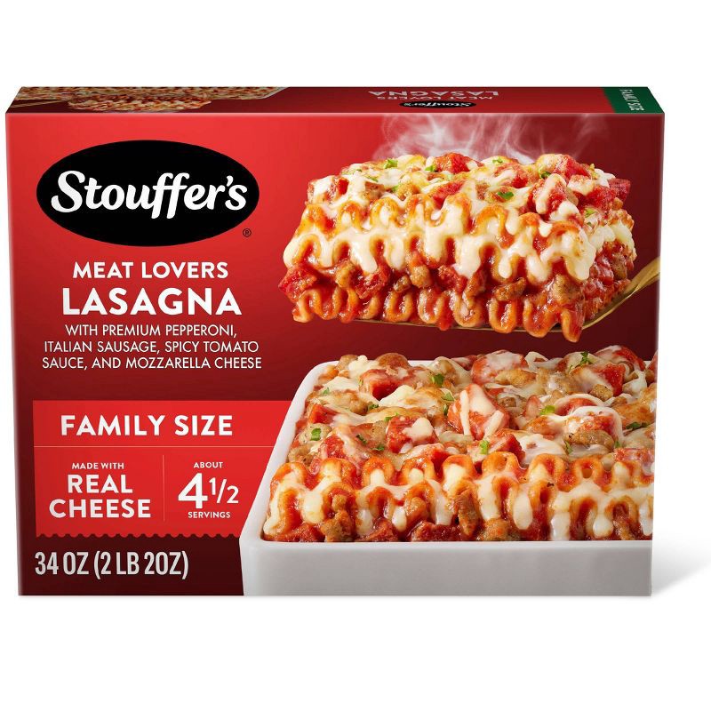 slide 1 of 9, Stouffer's Meat Lover's Frozen Lasagna Family Size Frozen Dinner - 34oz, 34 oz