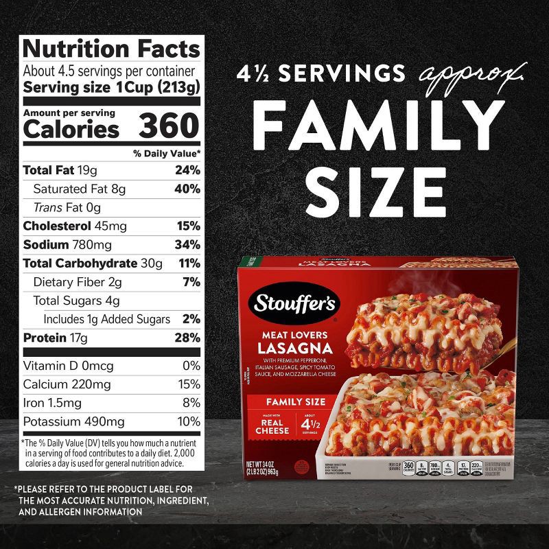 slide 7 of 9, Stouffer's Meat Lover's Frozen Lasagna Family Size Frozen Dinner - 34oz, 34 oz