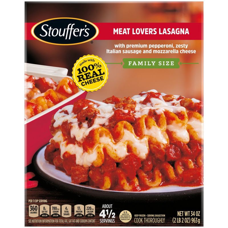 slide 1 of 9, Stouffer's Meat Lover's Frozen Lasagna Family Size Frozen Dinner - 34oz, 34 oz