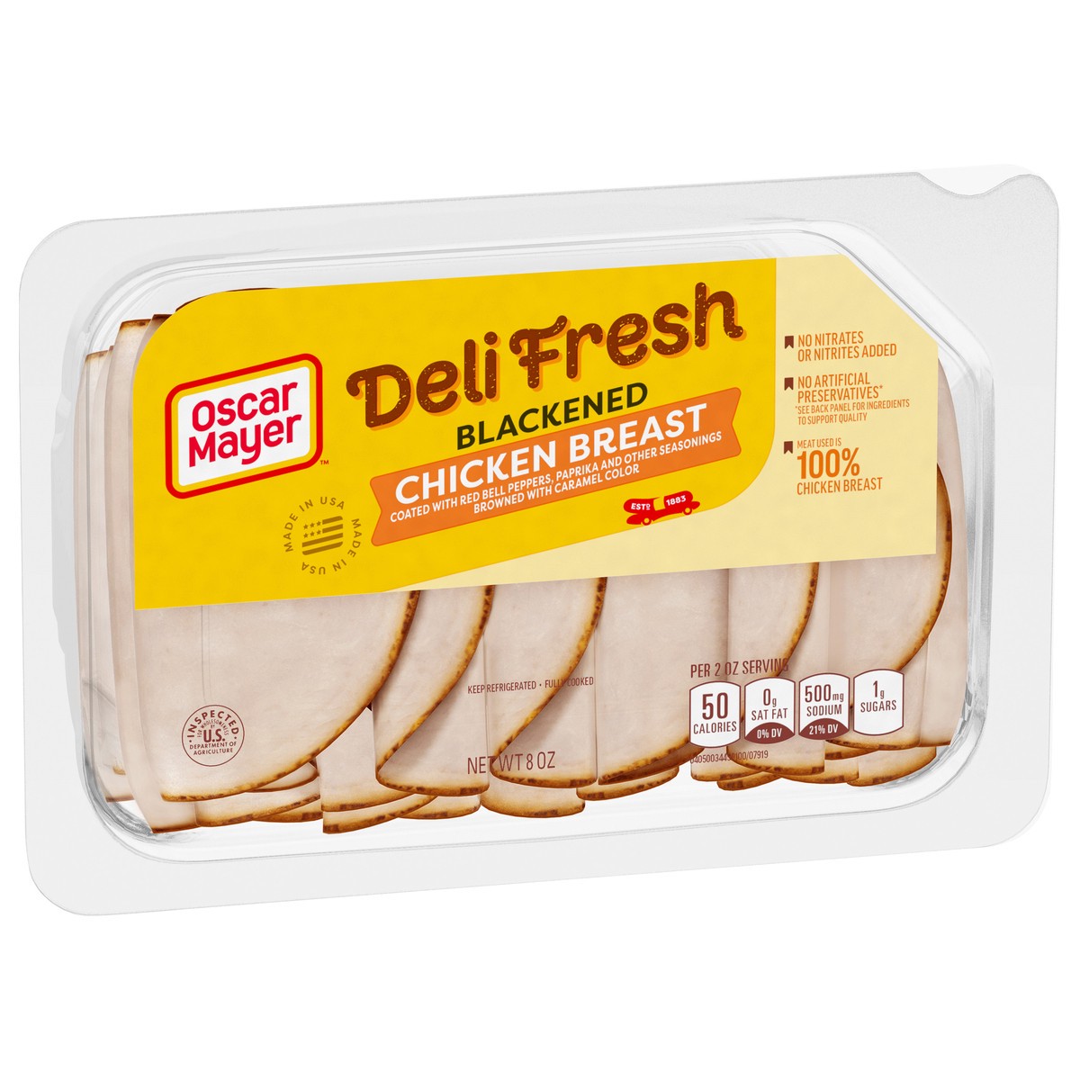 slide 4 of 9, Oscar Mayer Deli Fresh Blackened Chicken Breast Coated with Red Bell Pepper, Paprika and other Seasonings Browned with Caramel Color Sliced Lunch Meat, 8 oz. Tray, 8 oz