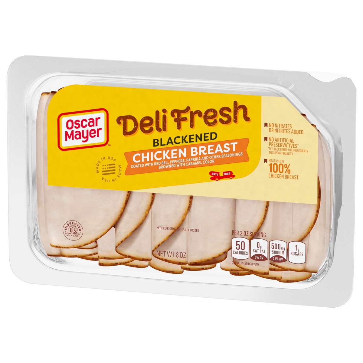 slide 6 of 9, Oscar Mayer Deli Fresh Blackened Chicken Breast Coated with Red Bell Pepper, Paprika and other Seasonings Browned with Caramel Color Sliced Lunch Meat, 8 oz. Tray, 8 oz