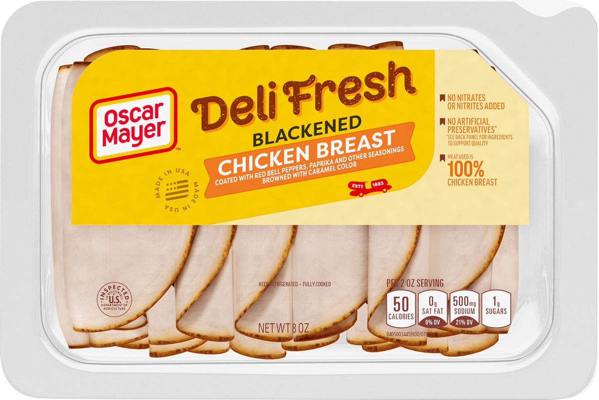 slide 5 of 9, Oscar Mayer Deli Fresh Blackened Chicken Breast Coated with Red Bell Pepper, Paprika and other Seasonings Browned with Caramel Color Sliced Lunch Meat, 8 oz. Tray, 8 oz