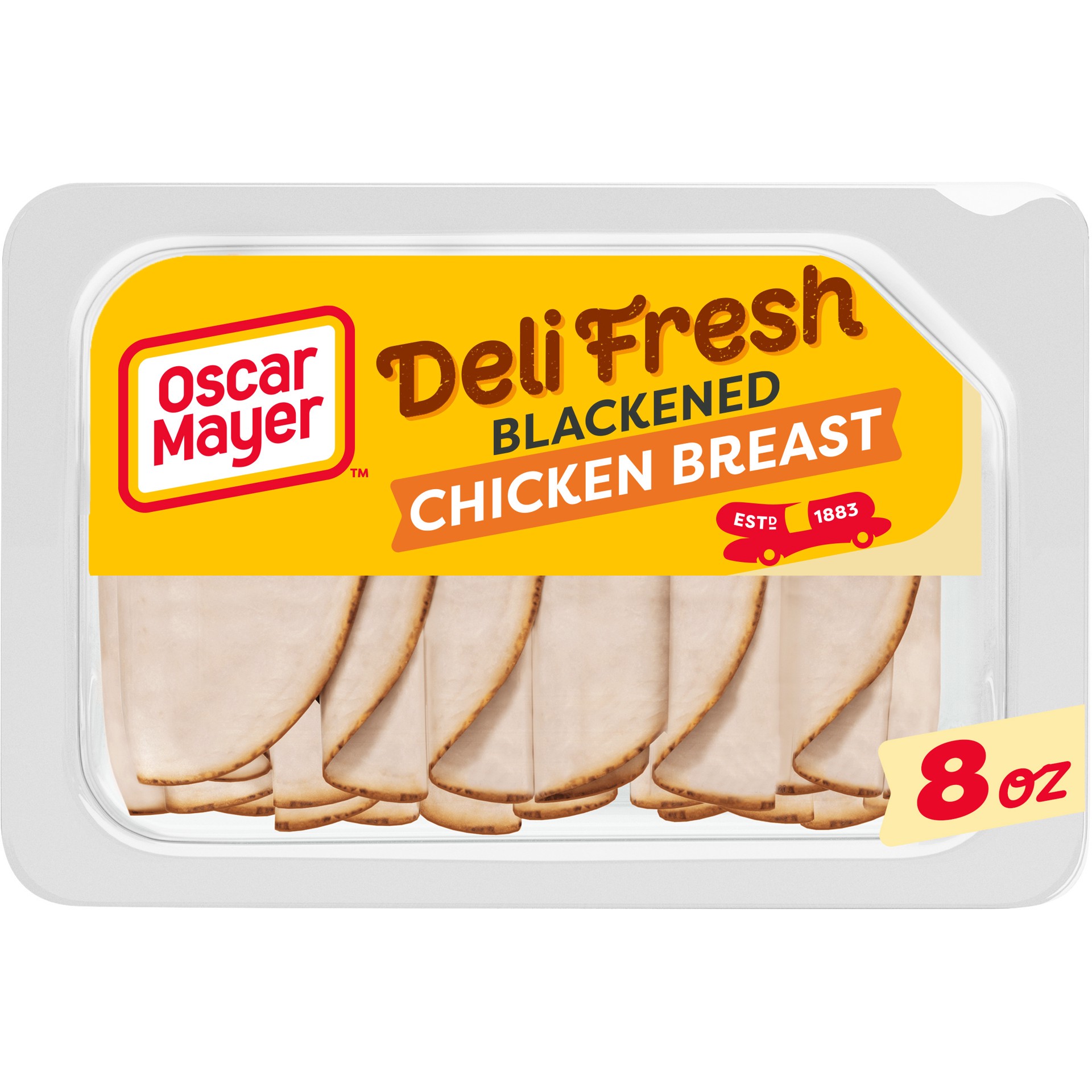 slide 1 of 9, Oscar Mayer Deli Fresh Blackened Chicken Breast Coated with Red Bell Pepper, Paprika and other Seasonings Browned with Caramel Color Sliced Lunch Meat, 8 oz. Tray, 8 oz