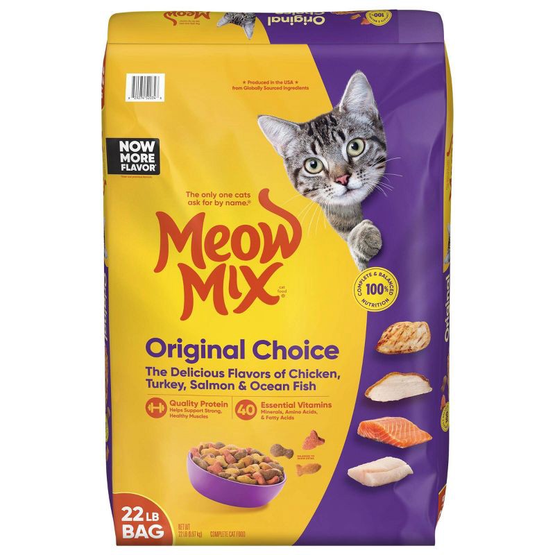 slide 1 of 4, Meow Mix Original Choice with Flavors of Chicken, Turkey, Salmon & Ocean Fish Adult Complete & Balanced Dry Cat Food - 22lb, 22 lb