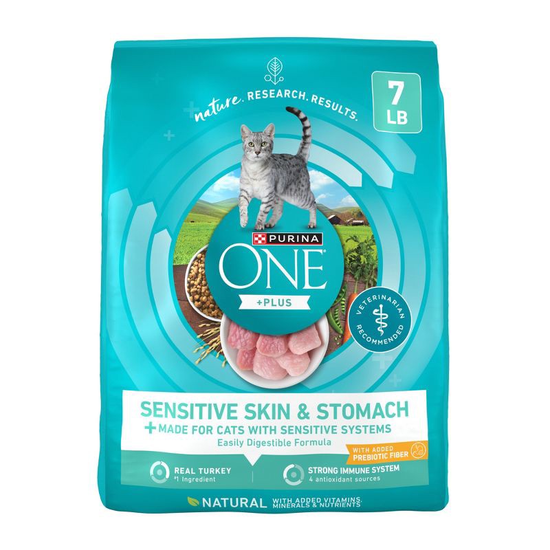 slide 1 of 10, Purina ONE Sensitive Skin & Stomach Natural Turkey Flavor Dry Cat Food - 7lbs, 7 lb