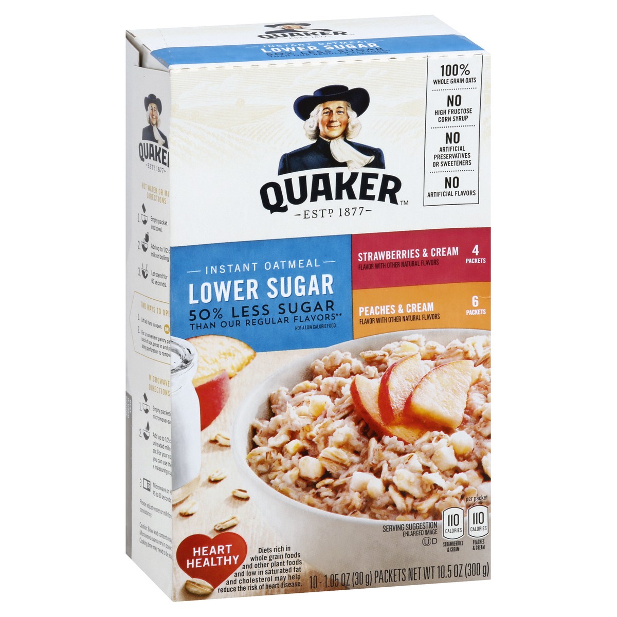 slide 2 of 9, Quaker Lower Sugar Strawberries & Cream. Peaches & Cream Instant Oatmeal 10 ea, 10 ct