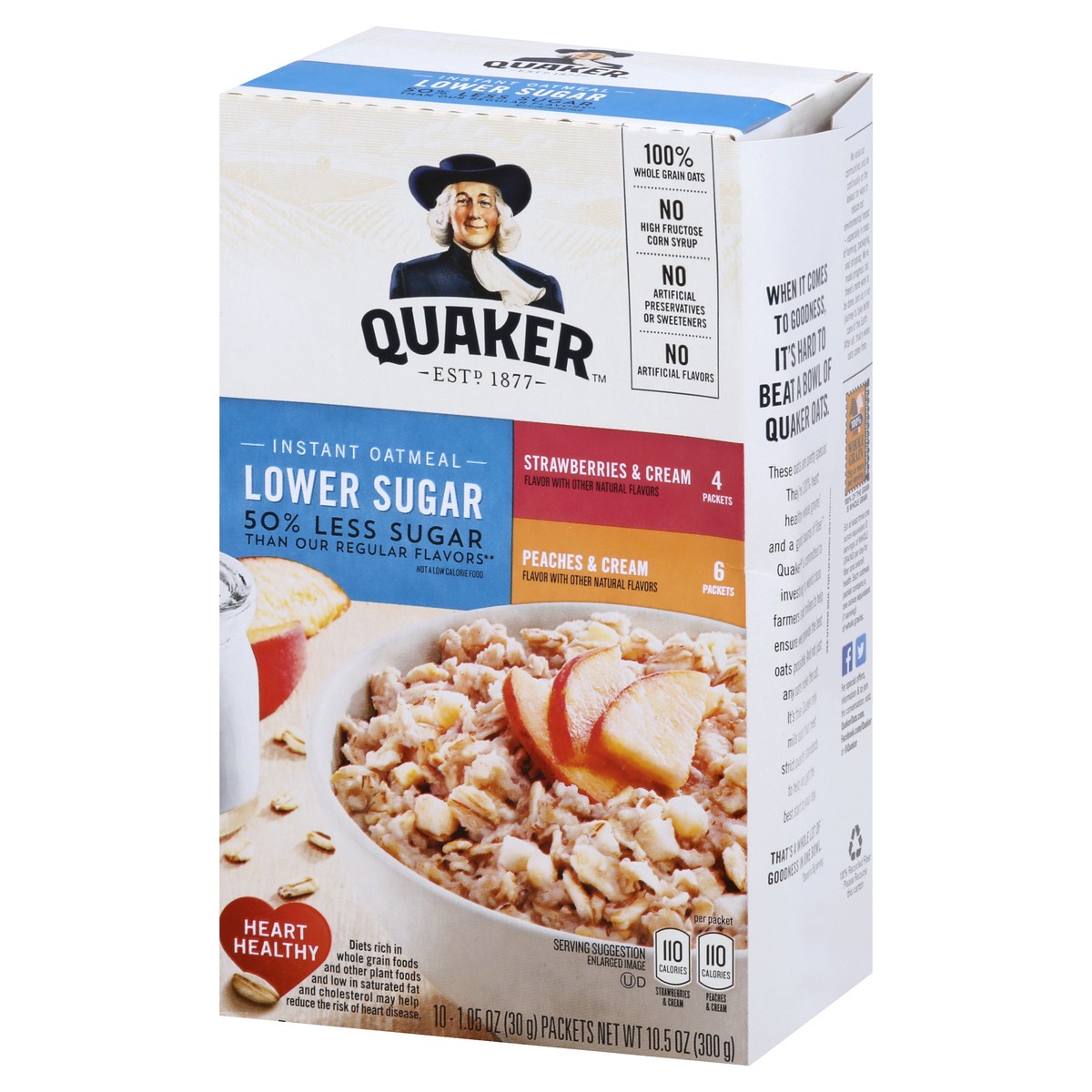 slide 3 of 9, Quaker Lower Sugar Strawberries & Cream. Peaches & Cream Instant Oatmeal 10 ea, 10 ct