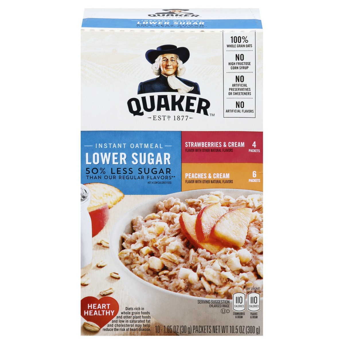 slide 1 of 9, Quaker Lower Sugar Strawberries & Cream. Peaches & Cream Instant Oatmeal 10 ea, 10 ct
