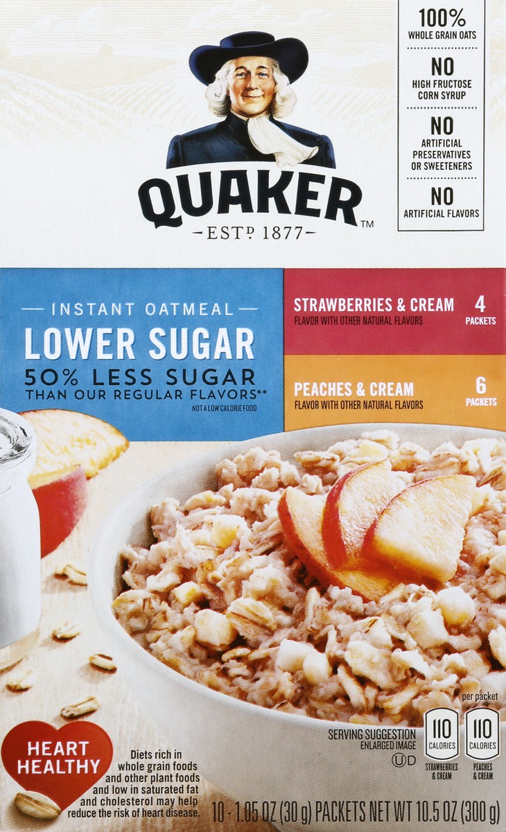 slide 1 of 9, Quaker Lower Sugar Strawberries & Cream. Peaches & Cream Instant Oatmeal 10 ea, 10 ct