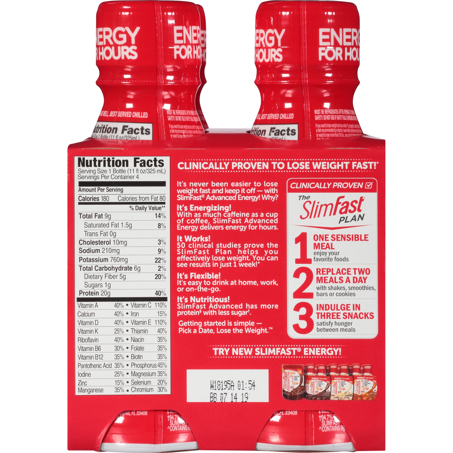 slide 4 of 6, SlimFast Advanced Energy Rich Chocolate Meal Replacement  Shake  20g of Protein Ready to Drink Pantry Friendly 11 fl oz Bottle 4 Ct, 4 ct; 11 fl oz