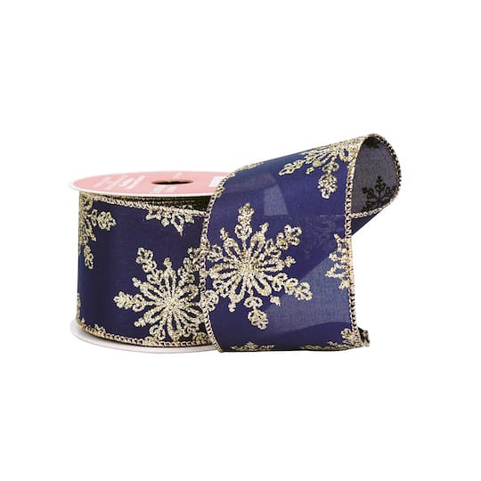 slide 1 of 3, 2.5" X 6.6yd. Navy & Gold Glitter Snowflakes Wired Ribbon By Celebrate It, 2.5 in x 6.6 yd