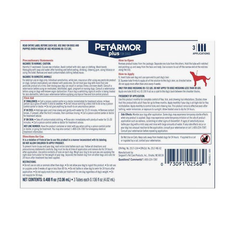 slide 2 of 8, PetArmor Plus Flea and Tick Topical Treatment for Dogs - 89-132lbs - 3 Month Supply, 89 ct; 132 lb