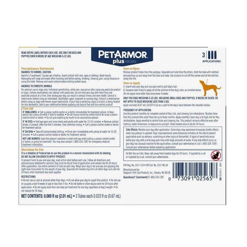 slide 2 of 8, PetArmor Plus Flea and Tick Topical Treatment for Dogs - 5-22lbs - 3 Month Supply, 5 ct; 22 lb