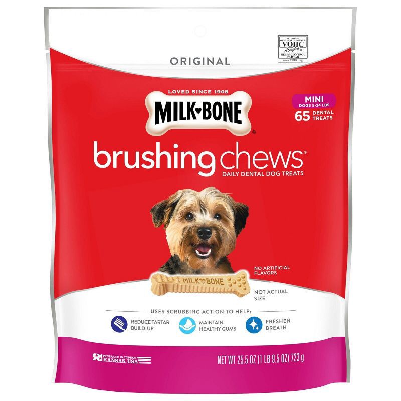 slide 1 of 1, Milk-Bone Brushing Chews Daily Chicken Dental Dog Treats Mini -25.5oz/65ct per bag, 25.5 oz