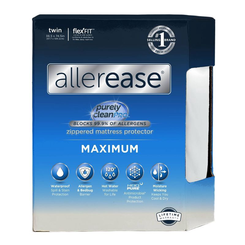 slide 1 of 8, Allerease Twin Maximum Waterproof Allergy and Bedbug Protection Zippered Mattress Protector: Hypoallergenic Twin Bed Encasement, 1 ct